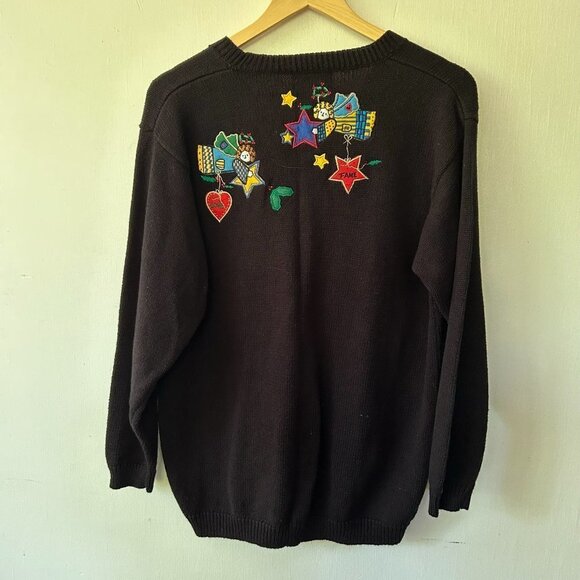 Quacker Factory Cardigan Womens Medium Black Knit Sweater Angels Miracles VTG - Picture 7 of 7